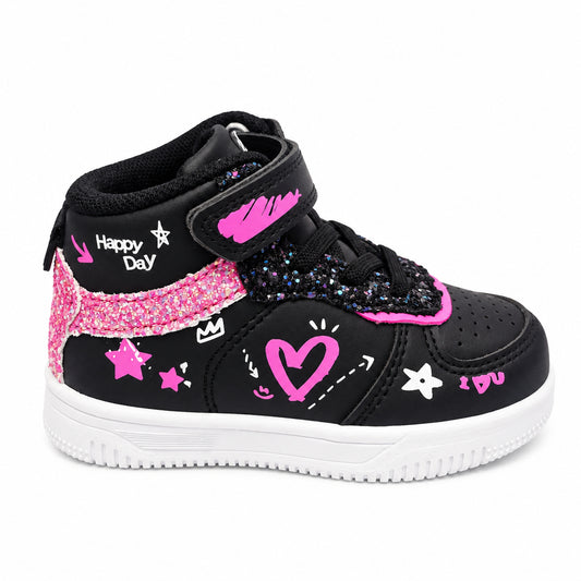 Sneaker alta bambina Happy Day Giardino D'Oro nera e fucsia con cuori, stelle e glitter, vista laterale esterna