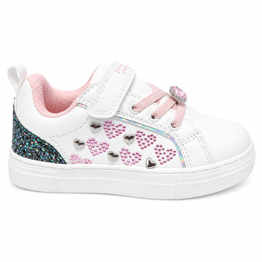 Sneaker bambina Giardino D'Oro bianca con cuori rosa in strass e tallone glitterato, vista laterale esterna