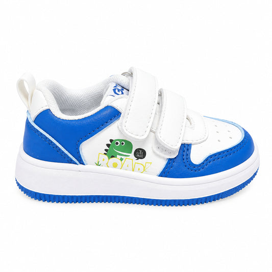 Sneaker bambino GDO Roar bianca e blu con dinosauro verde e doppio strappo